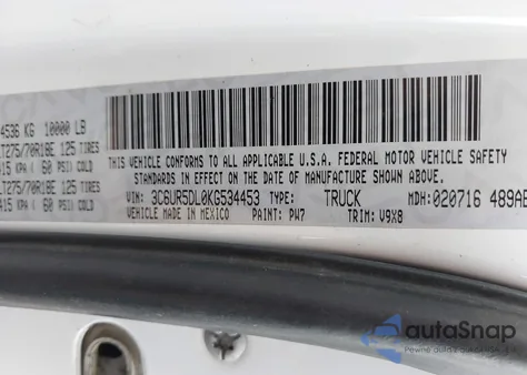 2019 Ram 2500 Big Horn 4X4 6'4 Box from USA, damaged, VIN 3C6UR5DL0KG534453